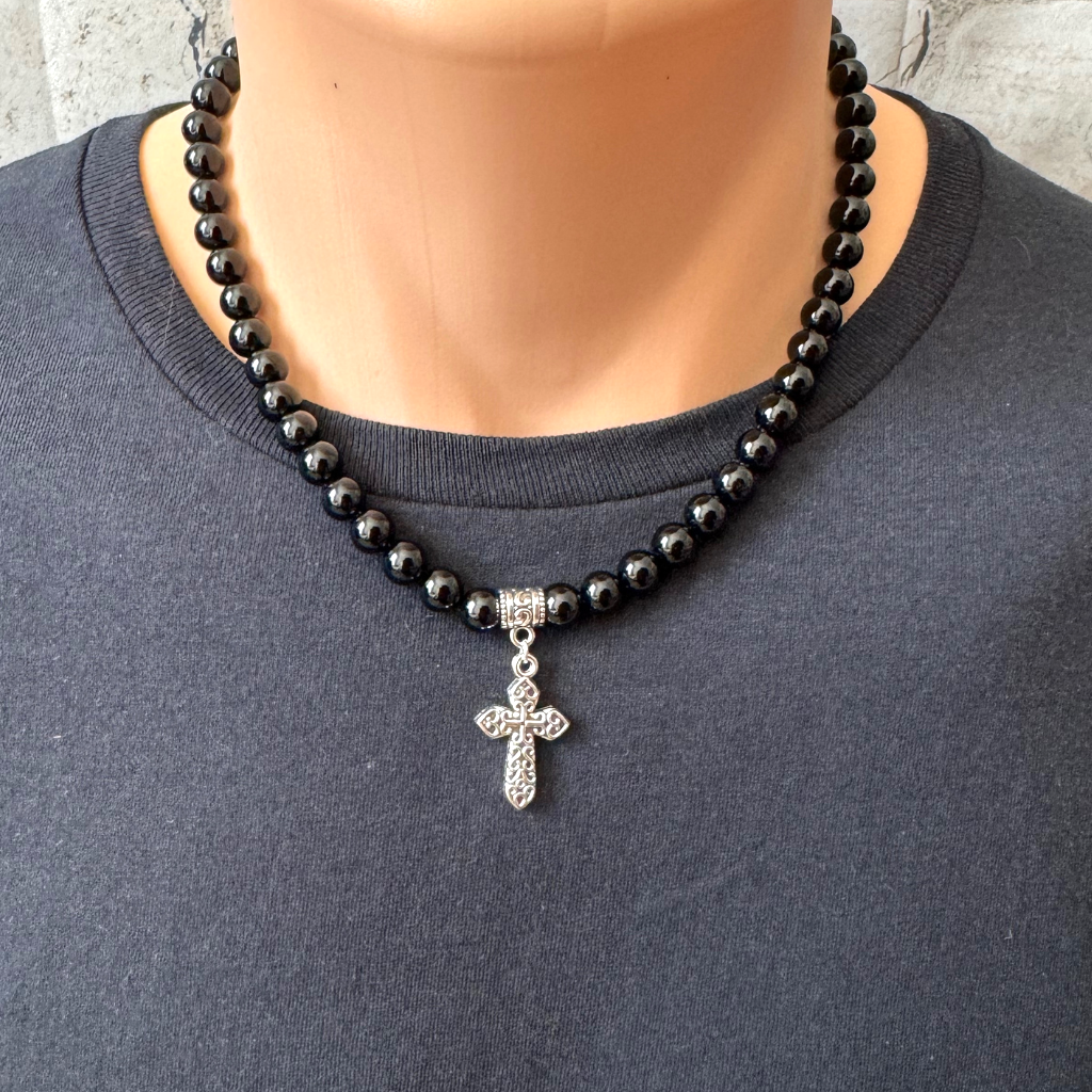Necklace for men: onyx & silver beads