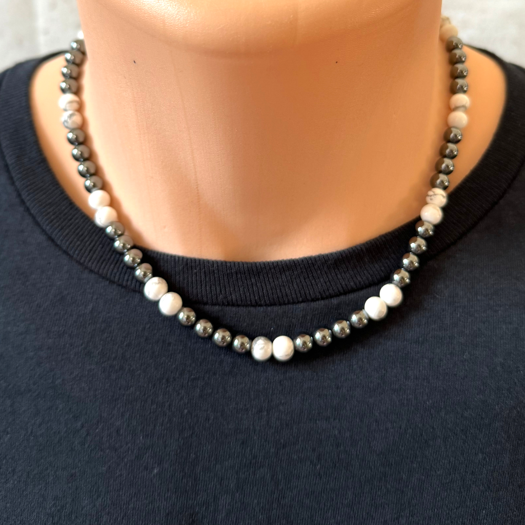 Buy The Men's White and Gray Howlite Silver Beaded Necklace | JaeBee 20