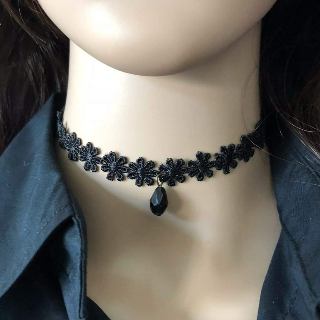 Black Fabric Flower Choker Necklace With Two-Tone Metallic Flowers