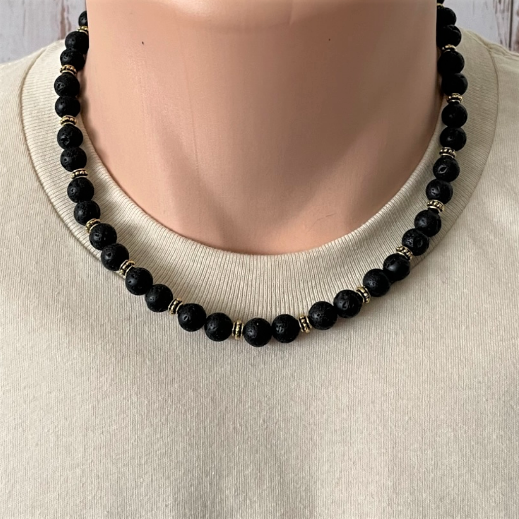 Mens Lava Beads Necklace, Black Lava Rock Necklace, Sandalwood Beads, –  Jennifer Jade Shop