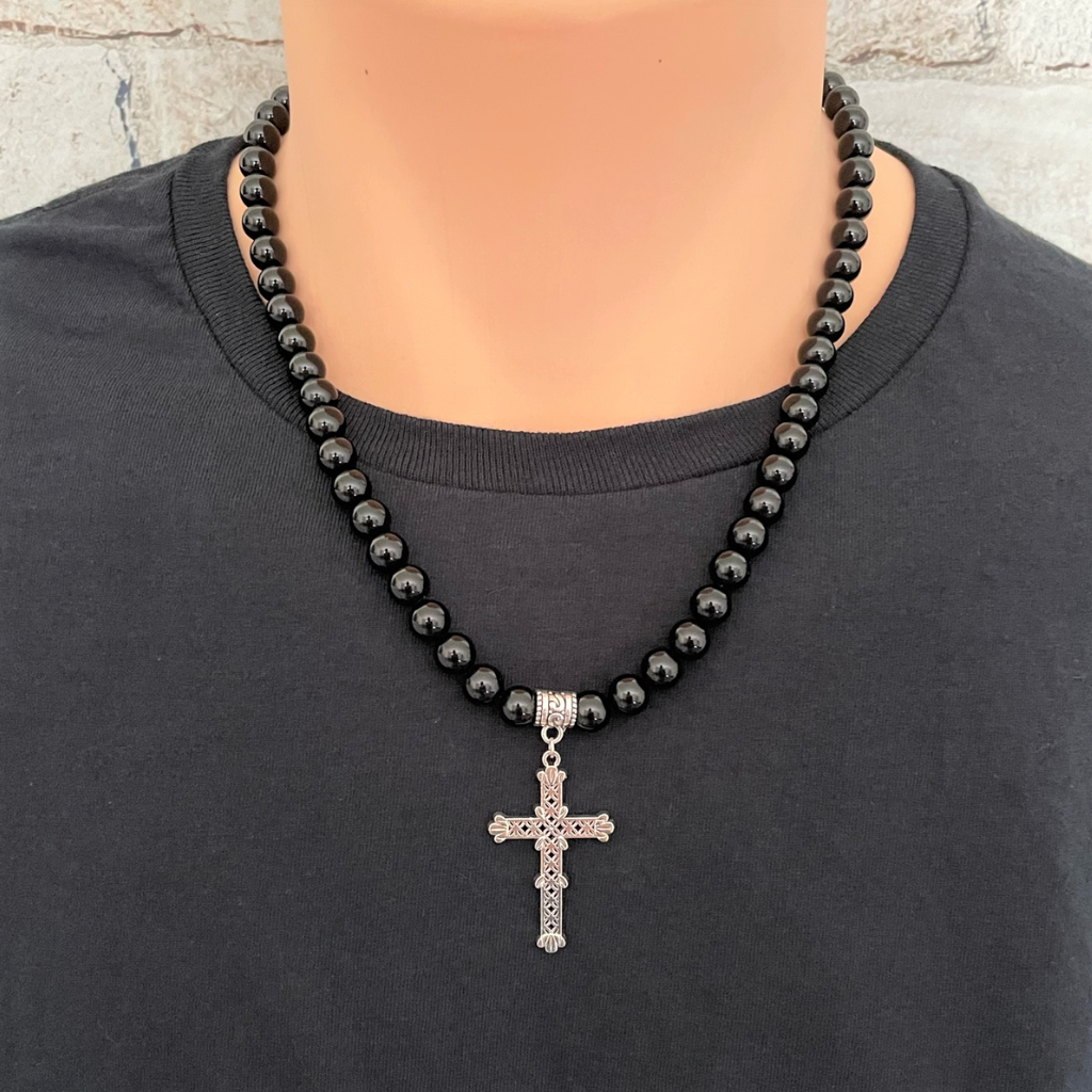 Men's Black Beaded Cross Necklace