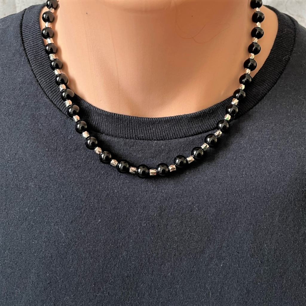 Necklace for men: onyx & silver beads