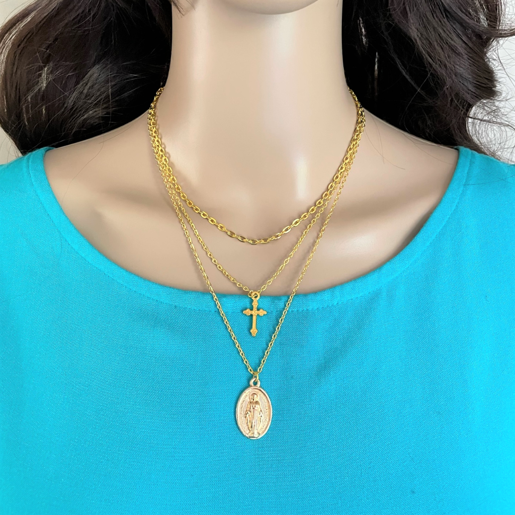 Gold cross deals and mary necklace