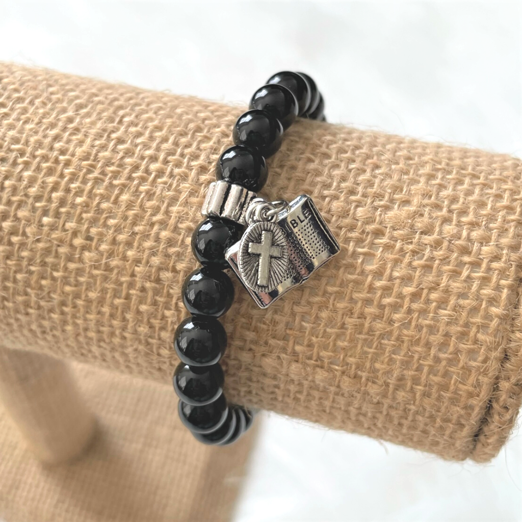 Mens Onyx Beaded Cross Bracelet