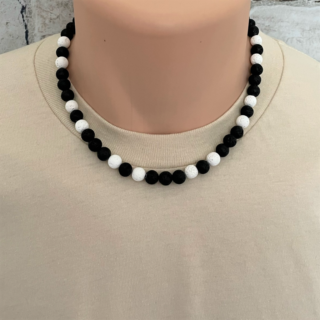 Buy Black Lava and White Wood Mens Beaded Necklace | JaeBee Jewelry 22