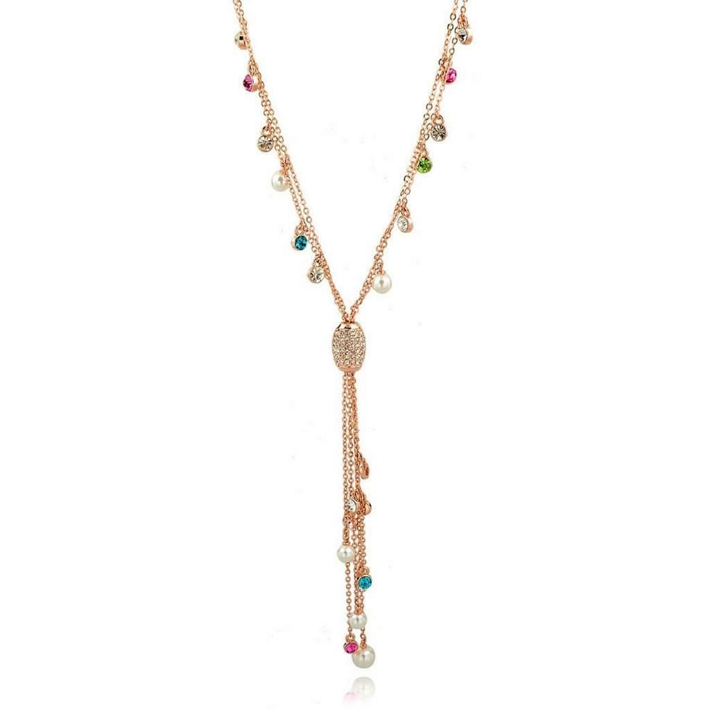 Gold Chain Lariat with Multi Colored Crystals and Tassel