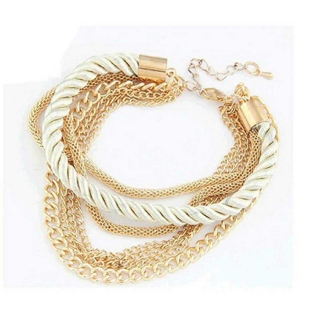 Multi Gold Chain Layered Pearl White Bracelet