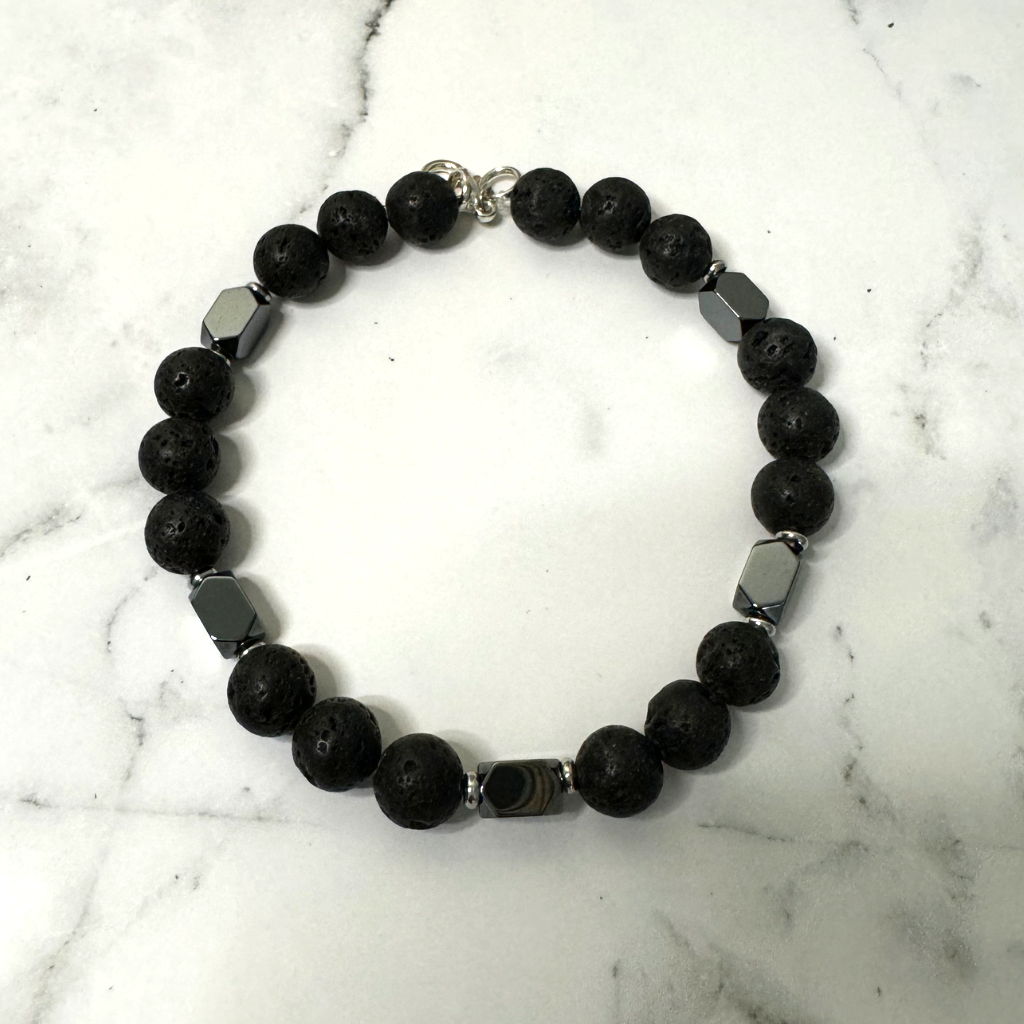 Mens Black Lava and Hematite Rectangle Beaded Bracelet