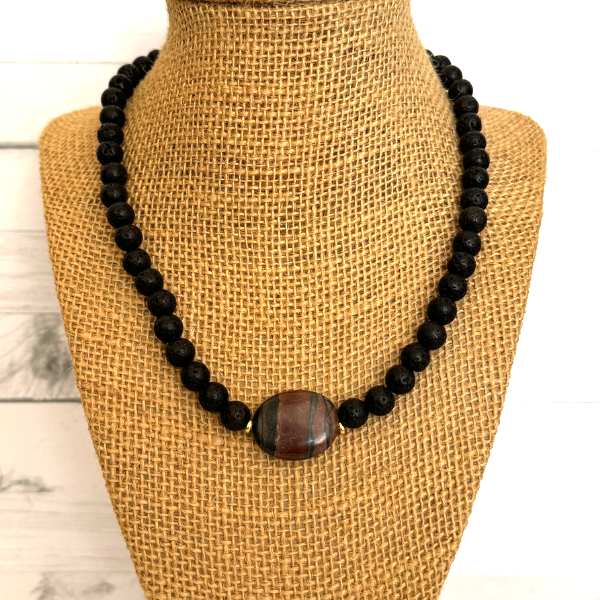 Mens Black Lava and Canyon Marble Beaded Necklace