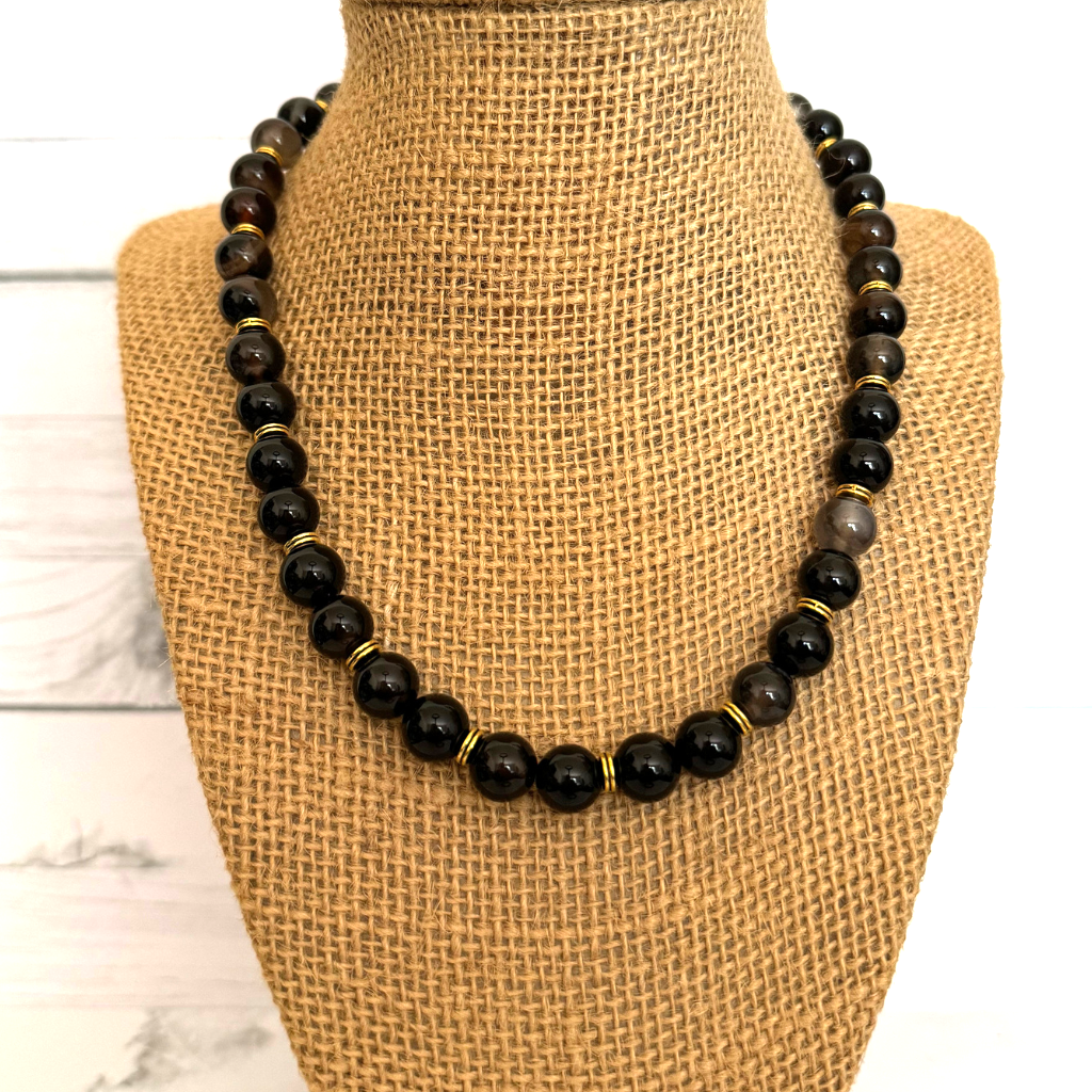 Mens Brown Agate 10mm and Gold Beaded Necklace