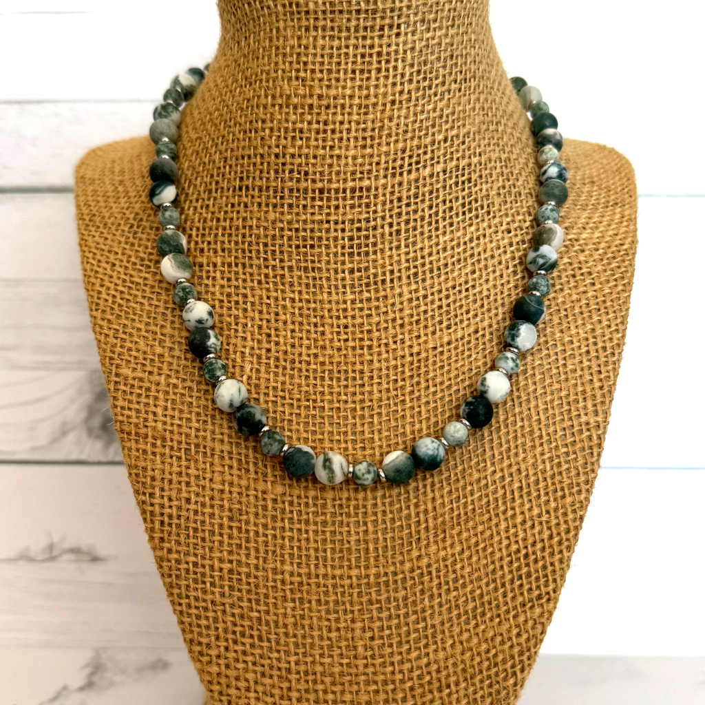 Matte Green Tree Agate and Silver Mens Necklace