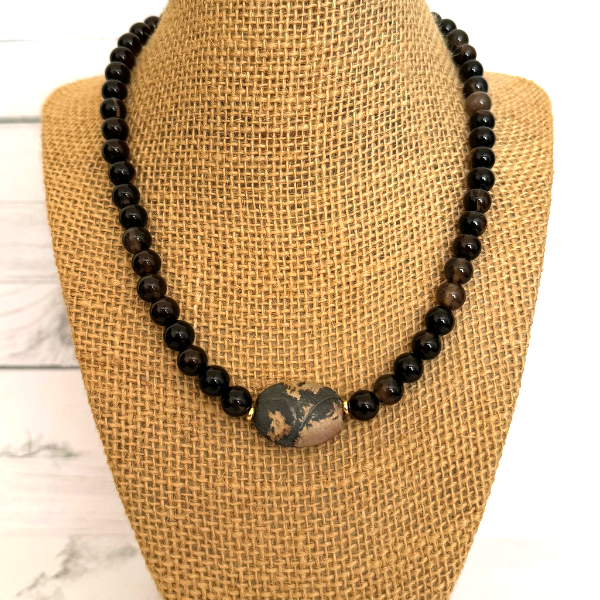 Mens Brown Agate and Landscape Stone Beaded Necklace