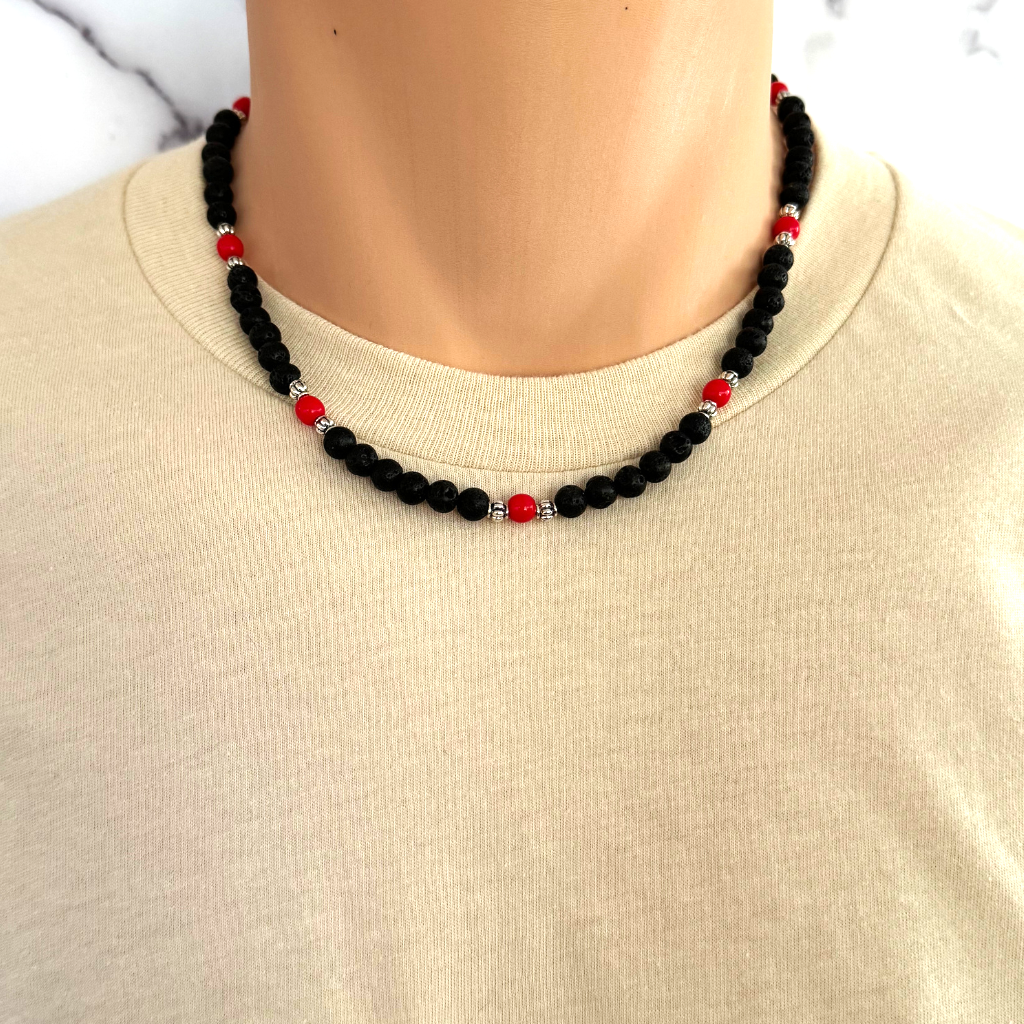 Mens Black Lava and Red Czech Beaded Necklace