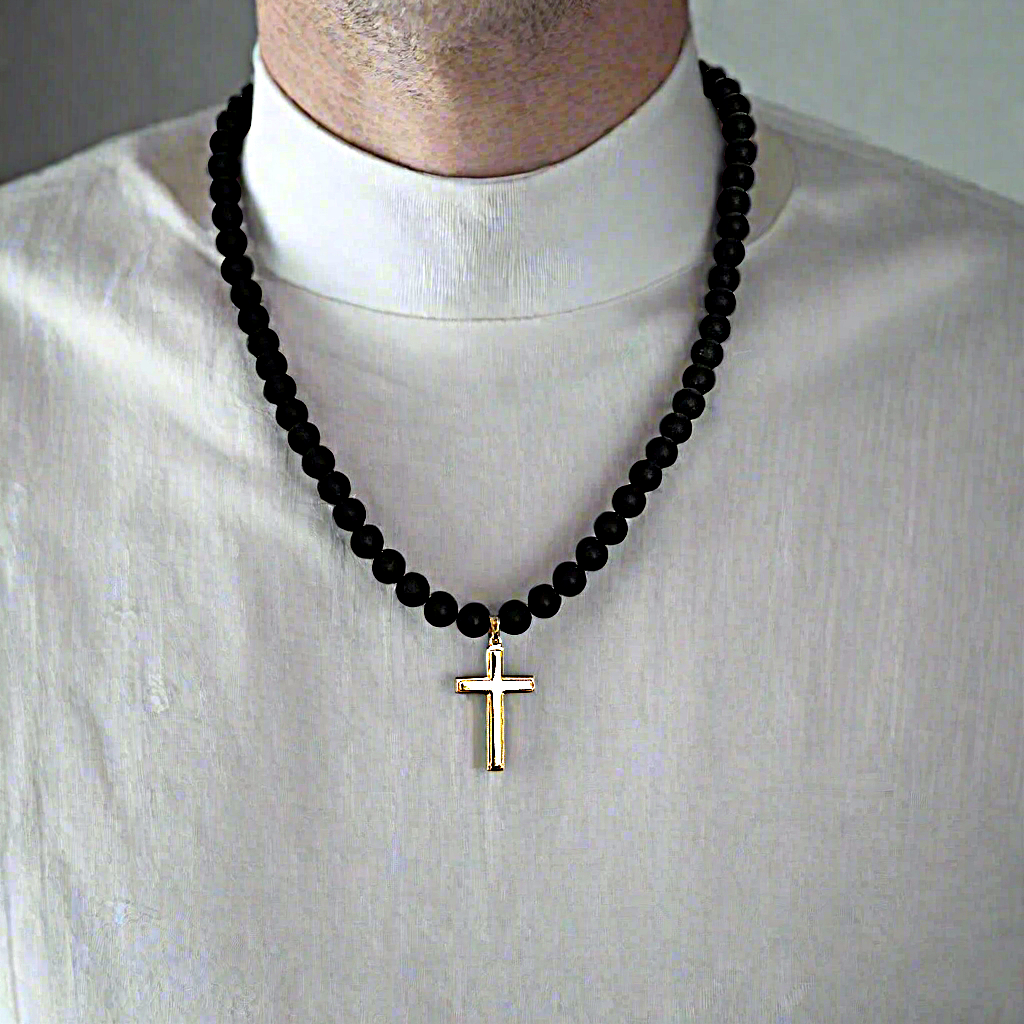 Mens Matte Black Onyx Beaded Necklace with Gold Sterling Silver Cross