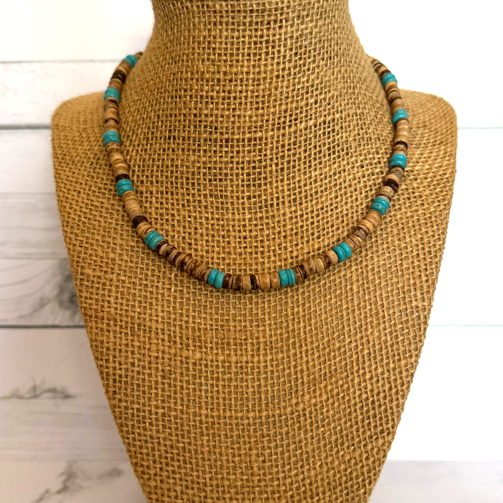 Mens Brown Coconut Shell and Magnesite Heishi Beaded Necklace