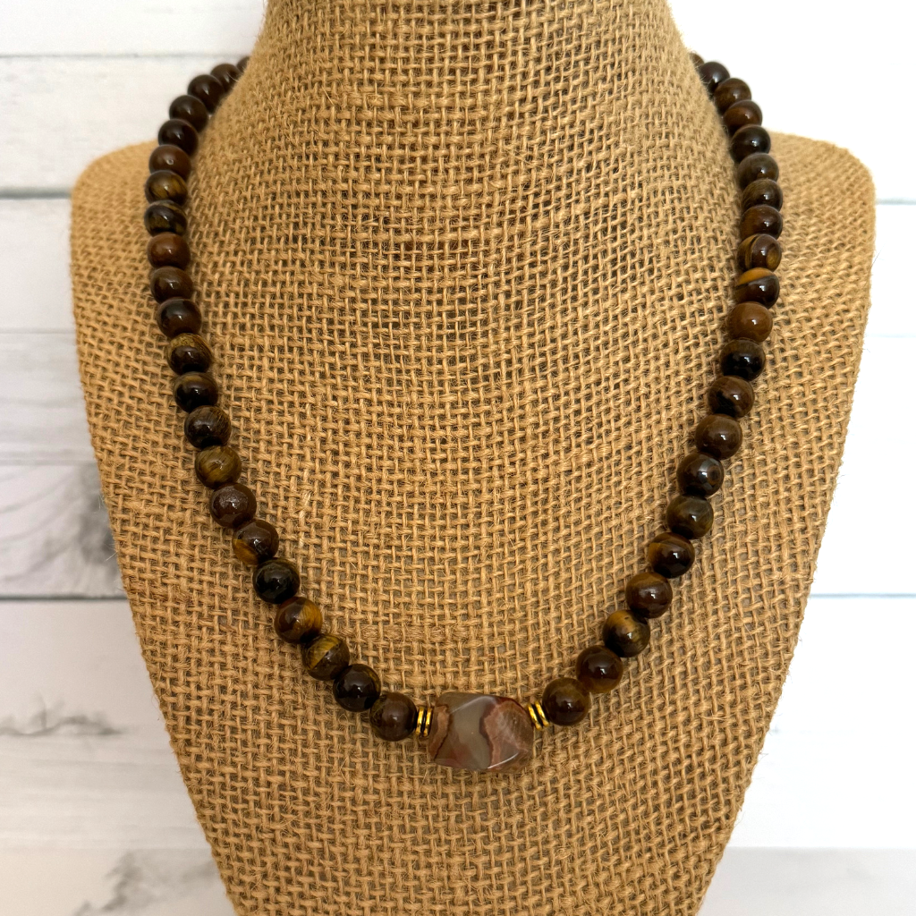 Tigers Eye and Agate Stone Beaded Mens Necklace