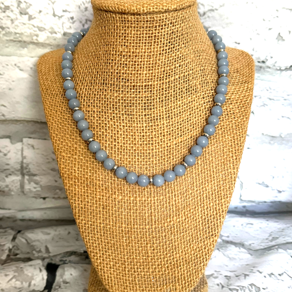 Blue Angelite Mens Beaded Necklace