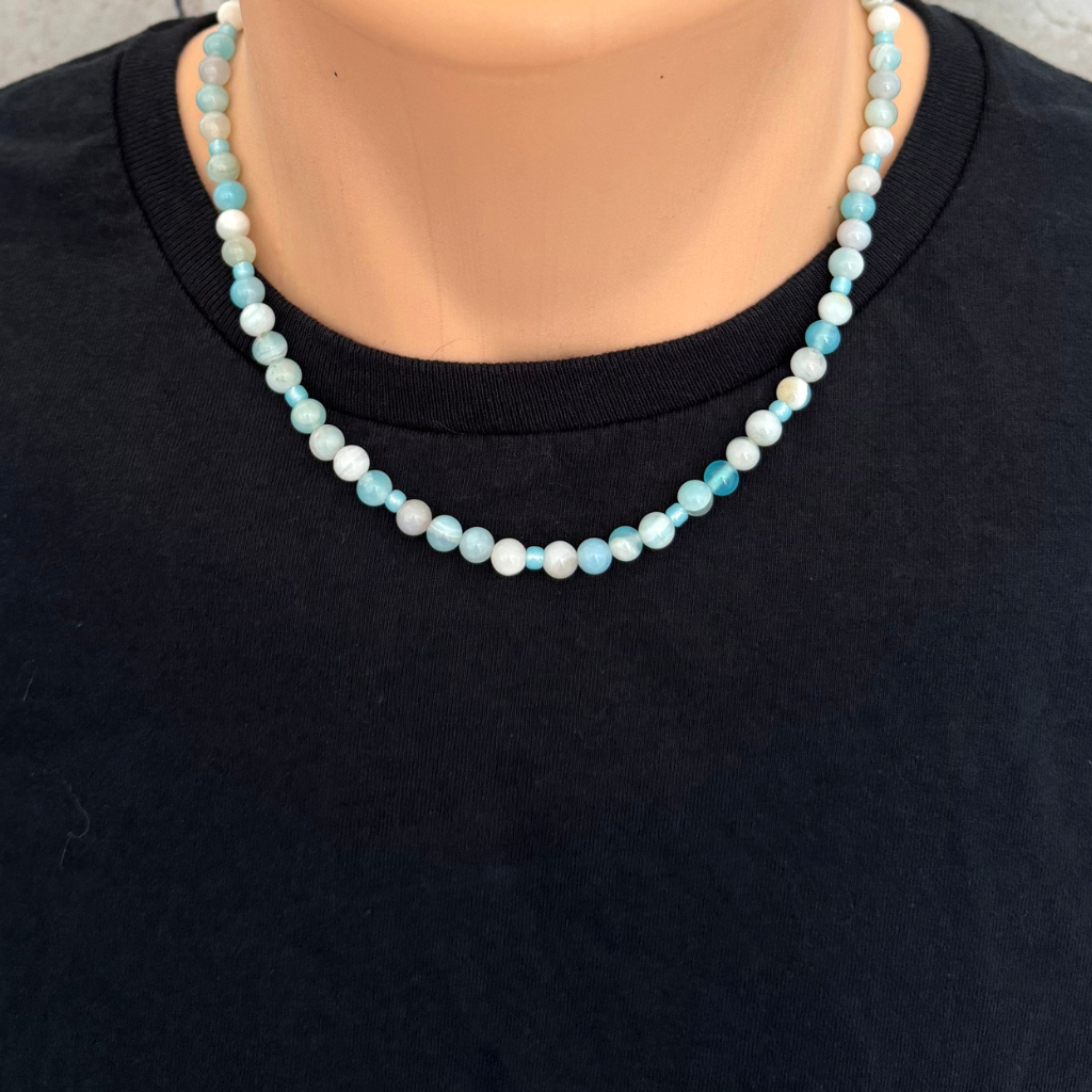 Mens Aqua Agate and Toho Beaded Necklace