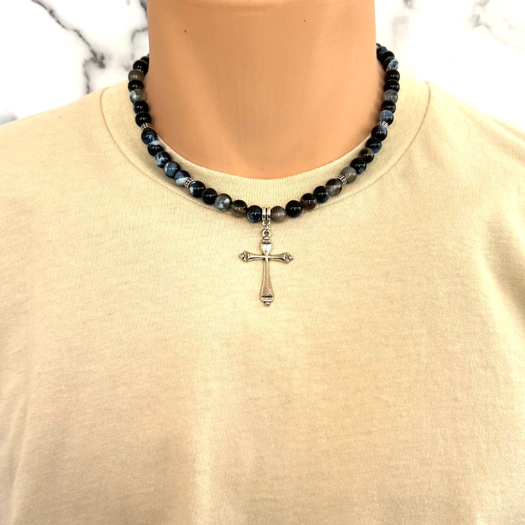 Black and Blue Line Beaded Agate Mens Necklace