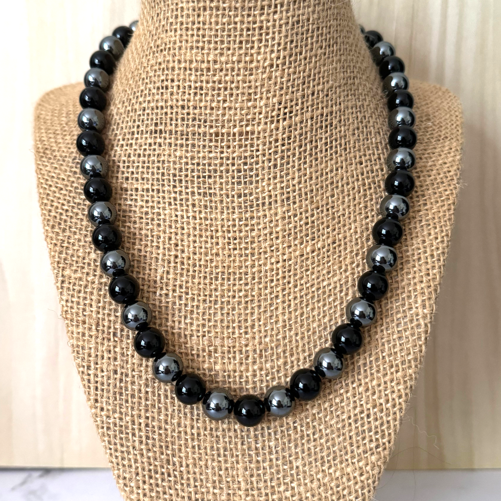 Mens Black Onyx and Hematite 10mm Beaded Necklace