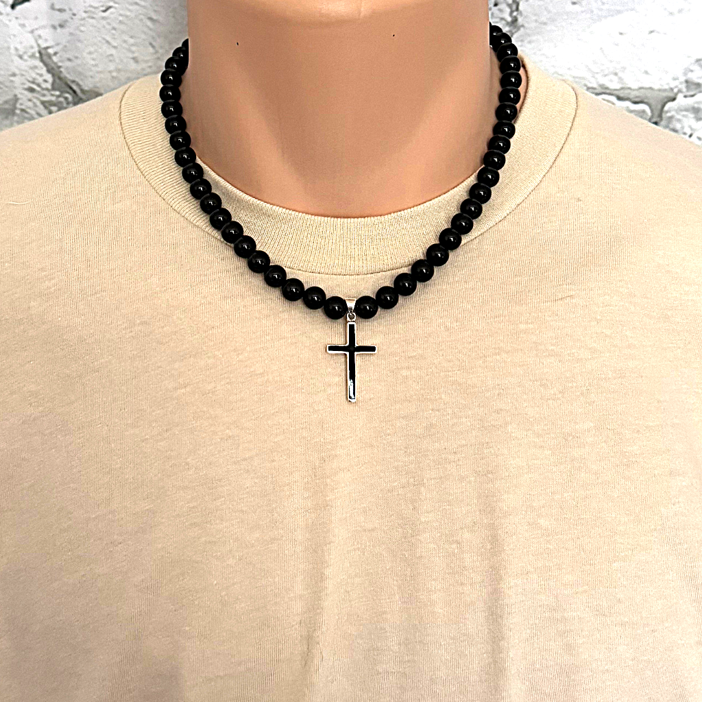 Mens Black Onyx Beaded Necklace With Sterling Silver and Black Onyx Cross