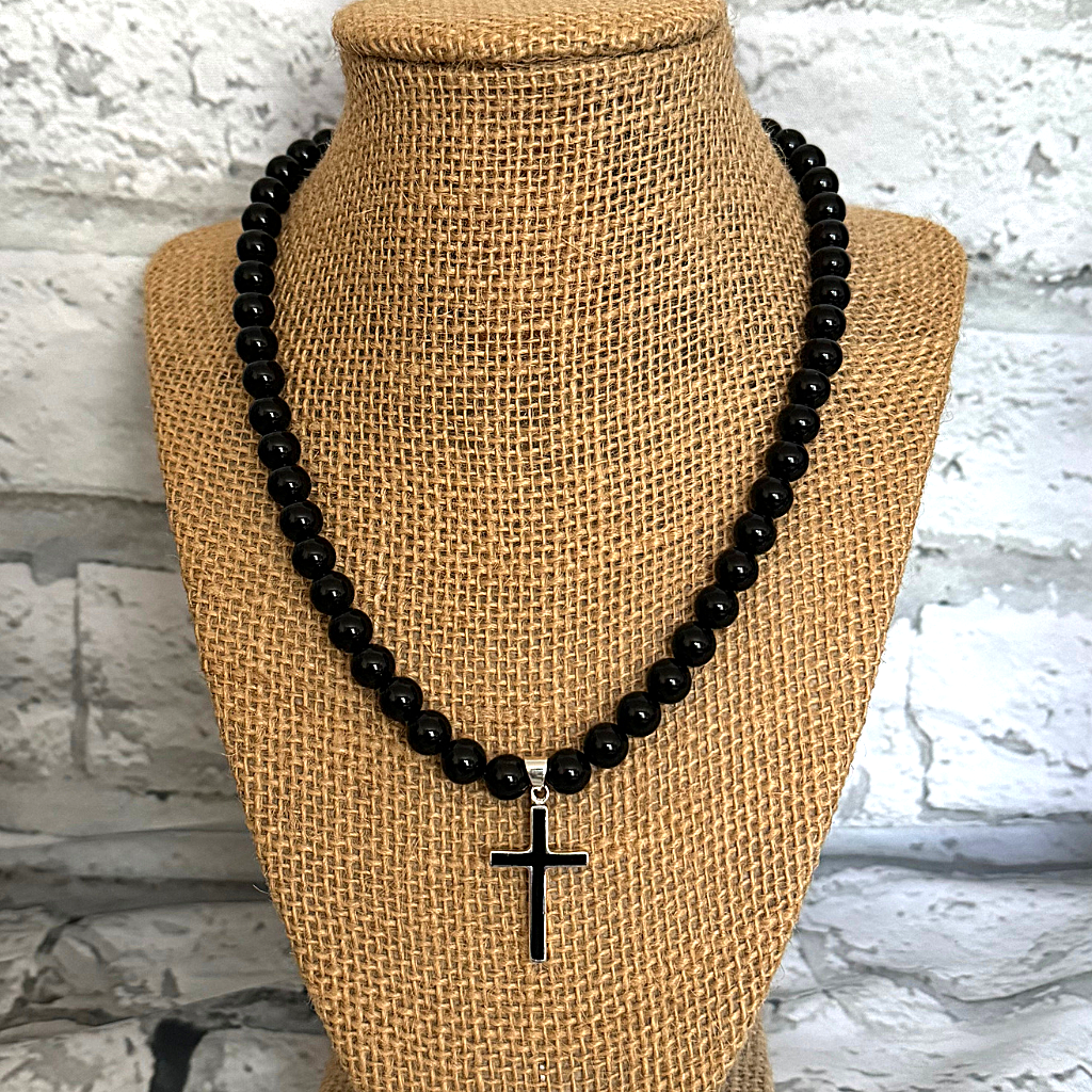 Mens Black Onyx Beaded Necklace With Sterling Silver and Black Onyx Cross