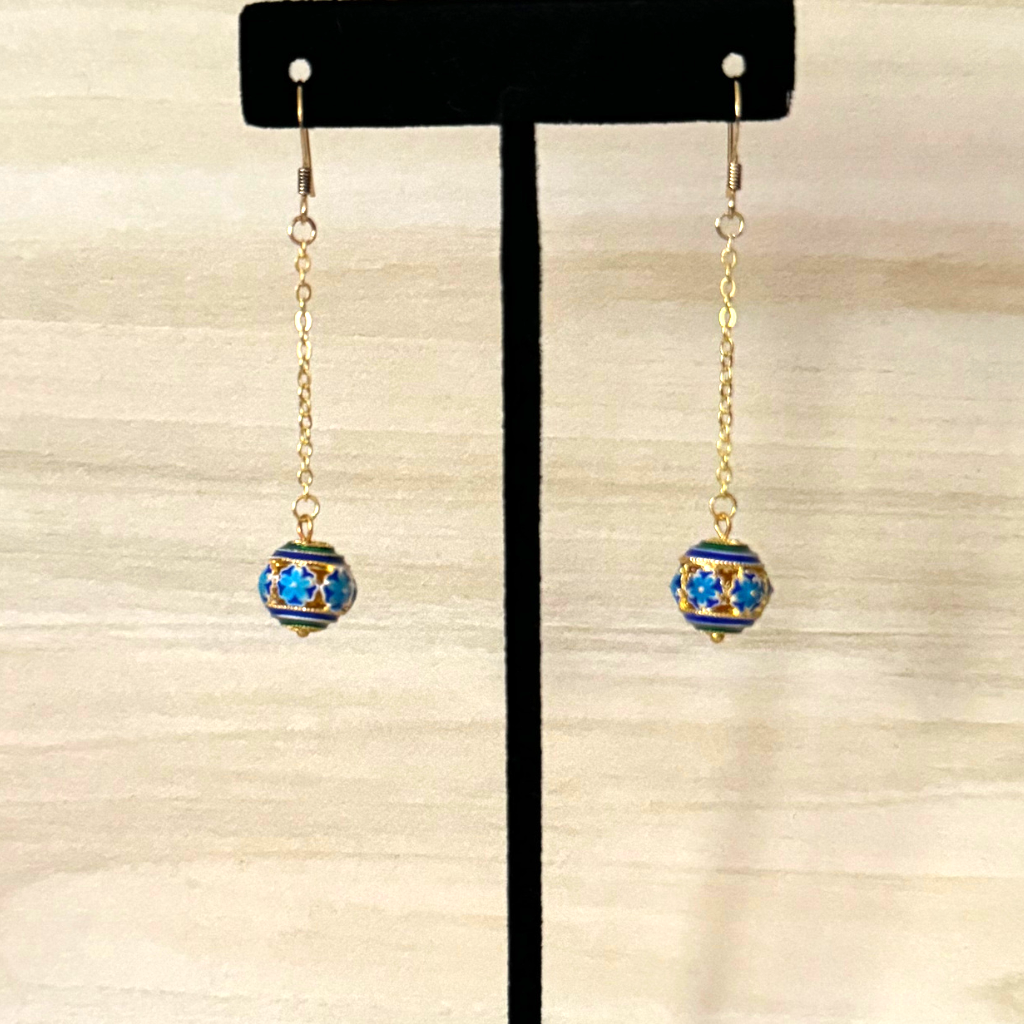 Blue, Aqua, and Green Cloisonne Gold Dangle Earrings