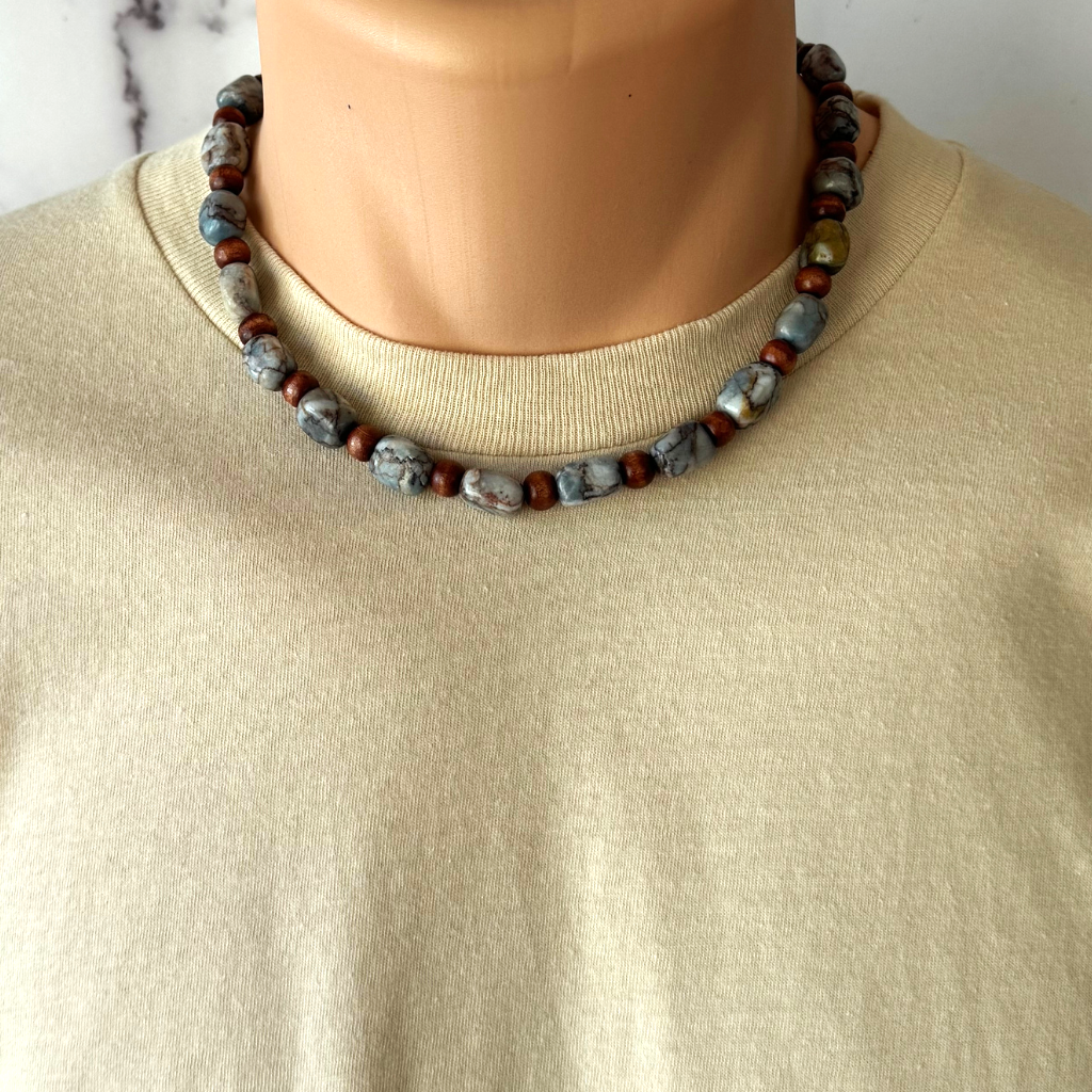 Mens Blue Marble Pebble Beaded Necklace