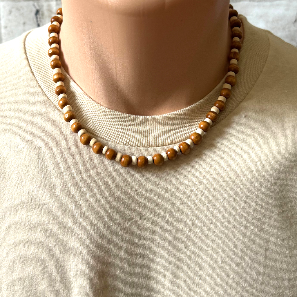 Brown Wood and White Coconut Shell Mens Beaded Necklace