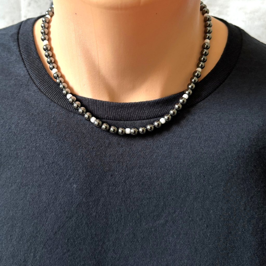 Mens Hematite and White Toho Beaded Necklace