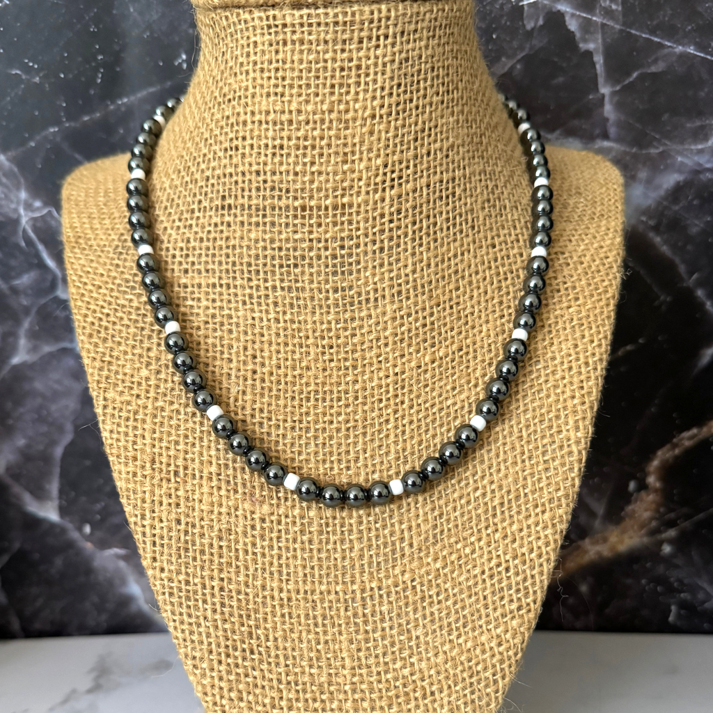 Mens Hematite and White Toho Beaded Necklace