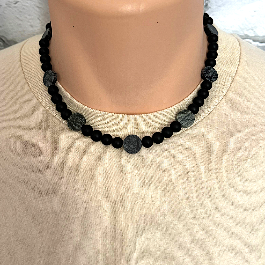 Mens Matte Black Onyx and Picasso Serpentine Beaded Necklace