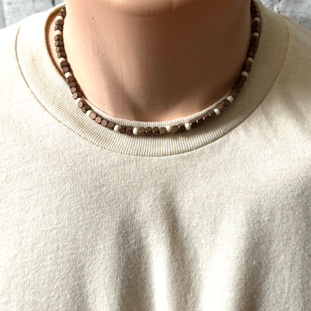 Mens Matte Copper Hexagon and Beige Toho Beaded Necklace