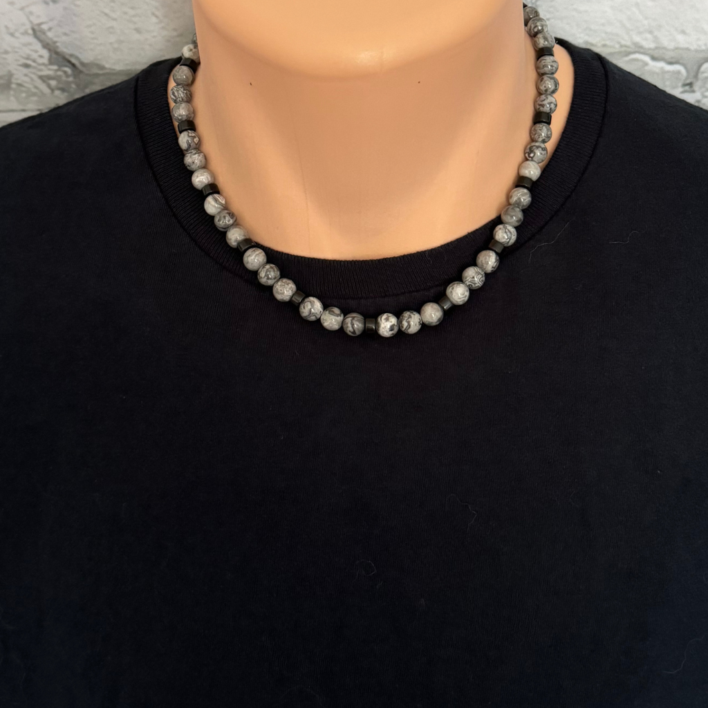 Mens Gray Agate and Black Onyx Rondelle Beaded Necklace