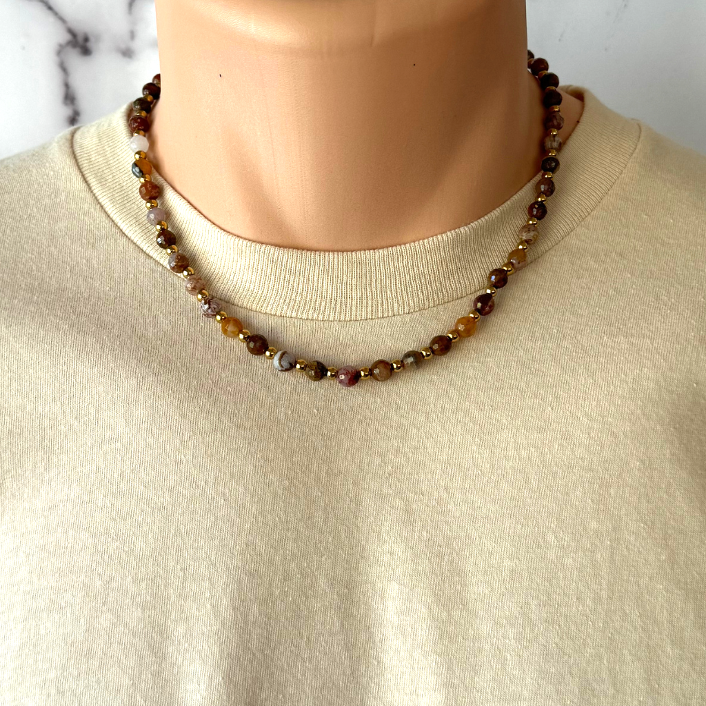 Mens Aqua Nueva Agate and Gold Beaded Necklace