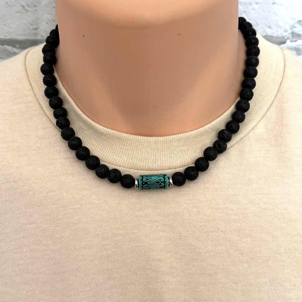 Mens Black Lava and Turquoise Statement Beaded Necklace