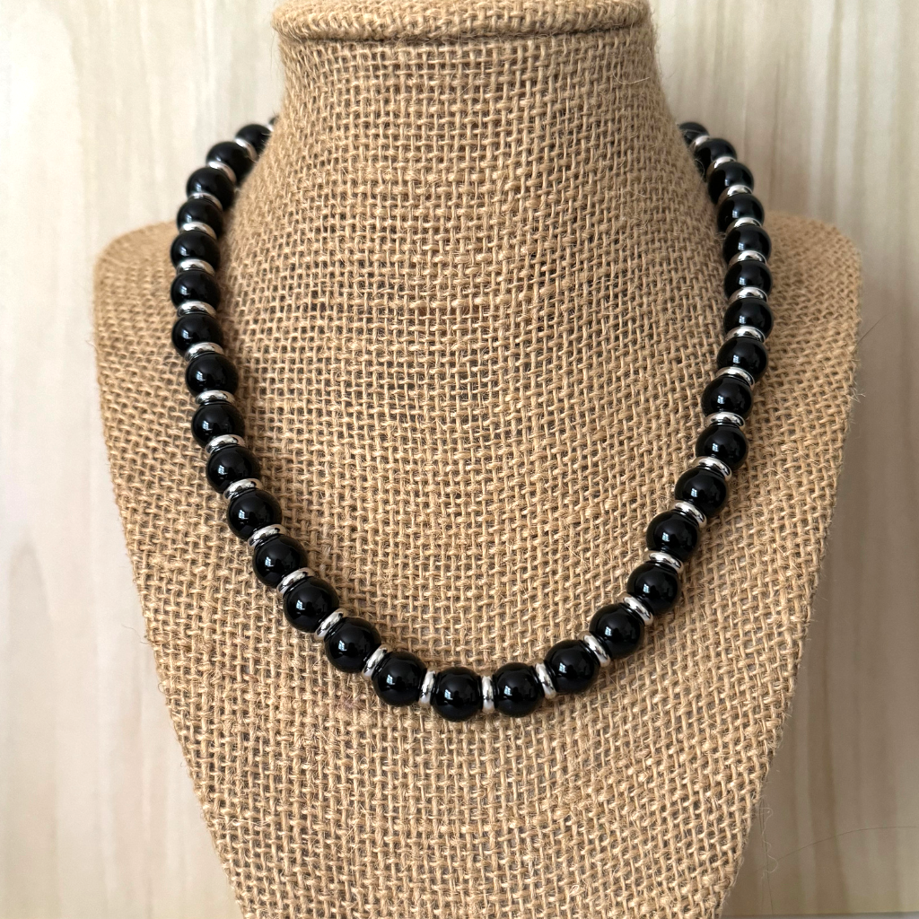 Mens Black Onyx 10mm and Silver Ring Beaded Necklace