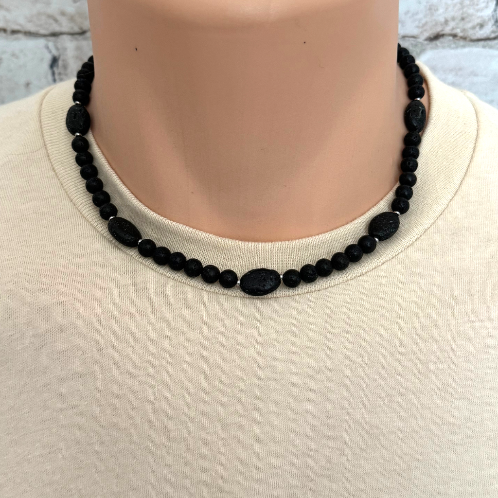 Mens Black Lava 6mm and Oval Beaded Necklace