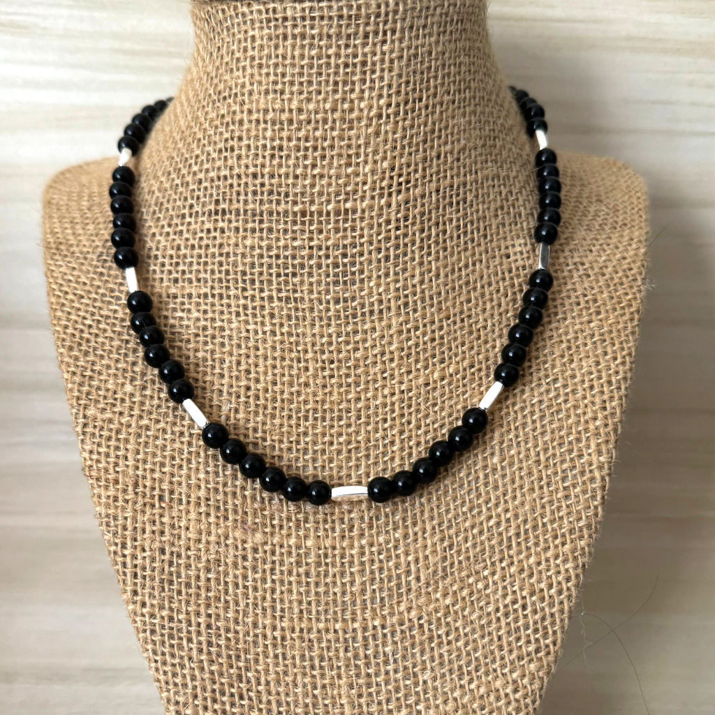 Mens Black Onyx and Silver Tube Beaded Necklace