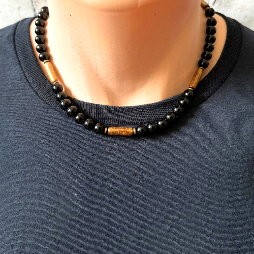 Mens Black Onyx and Gold Coral Beaded Necklace