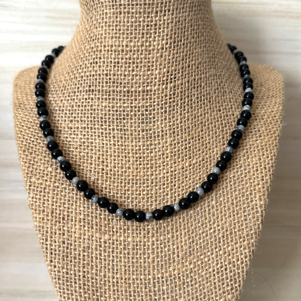 Black Onyx and Gray Map 6mm Mens Beaded Necklace