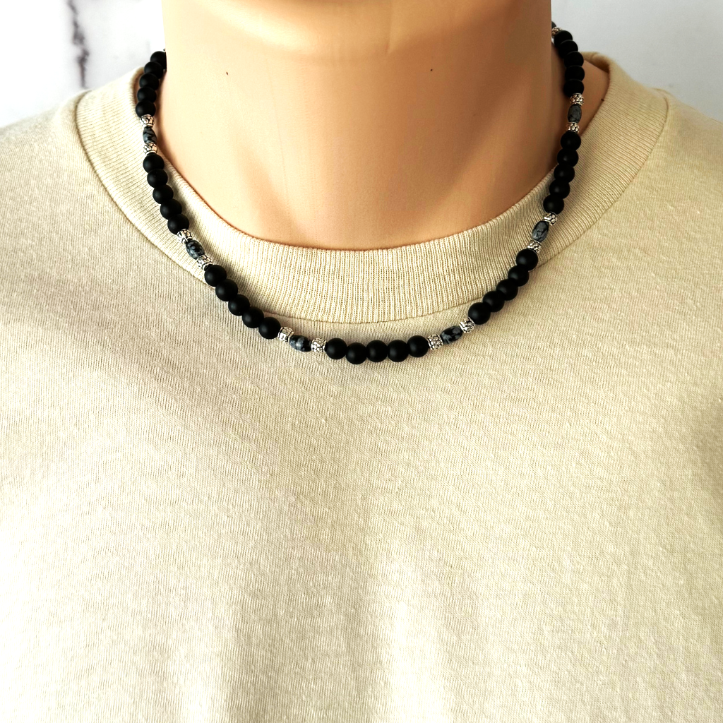 Mens Matte Black Onyx and Snowflake Obsidian Beaded Necklace