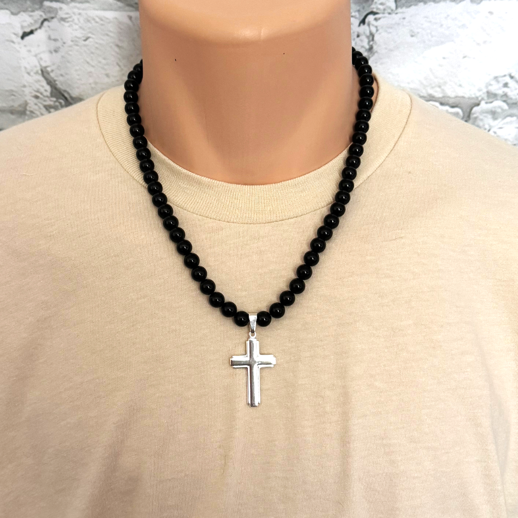 Mens Black Onyx Beaded Necklace with Sterling Silver Cross