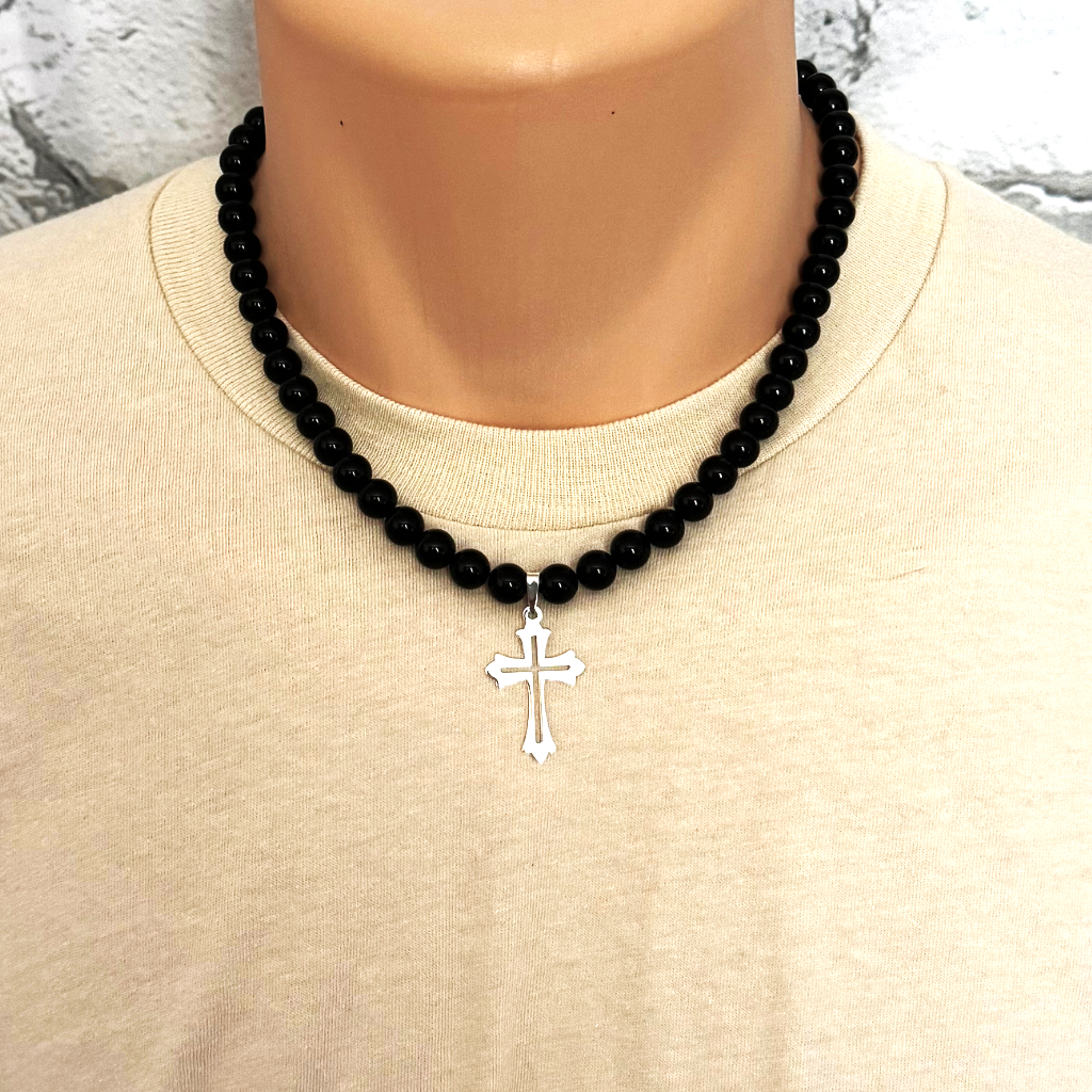 Mens Black Onyx Beaded Necklace with Sterling Silver Cut Out Cross