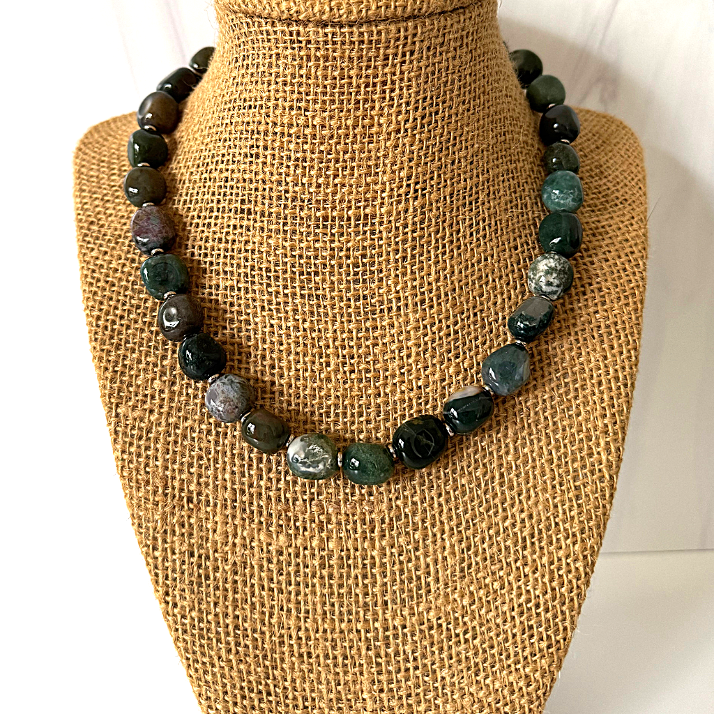 Mens Bloodstone Nugget Beaded Necklace