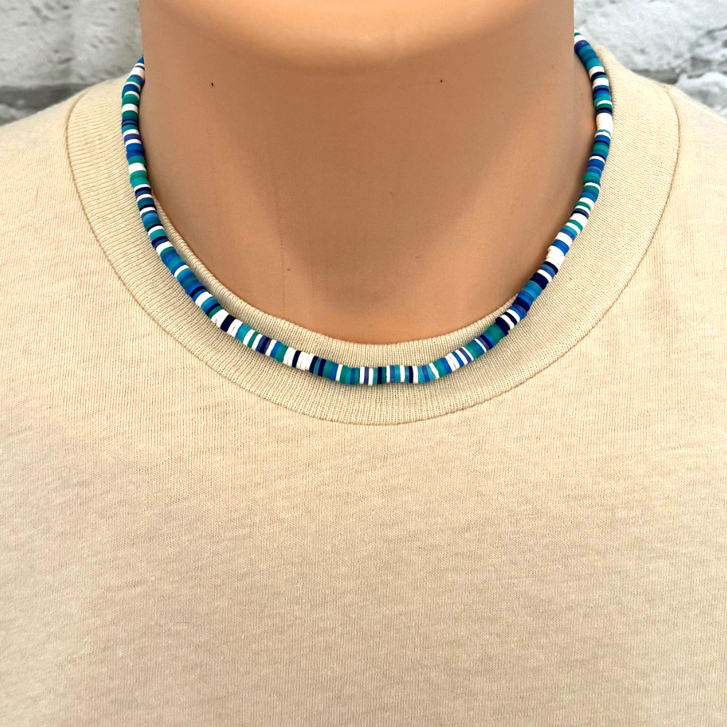 Blue Green and White Mens Polymer Necklace