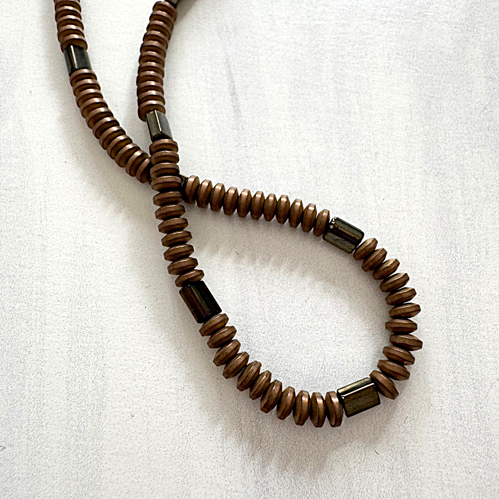 Antique Bronze Matte Hematite Rondelle and Brown Czech Beaded Necklace