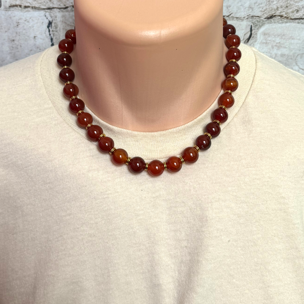 Mens Carnelian 10mm Beaded Necklace