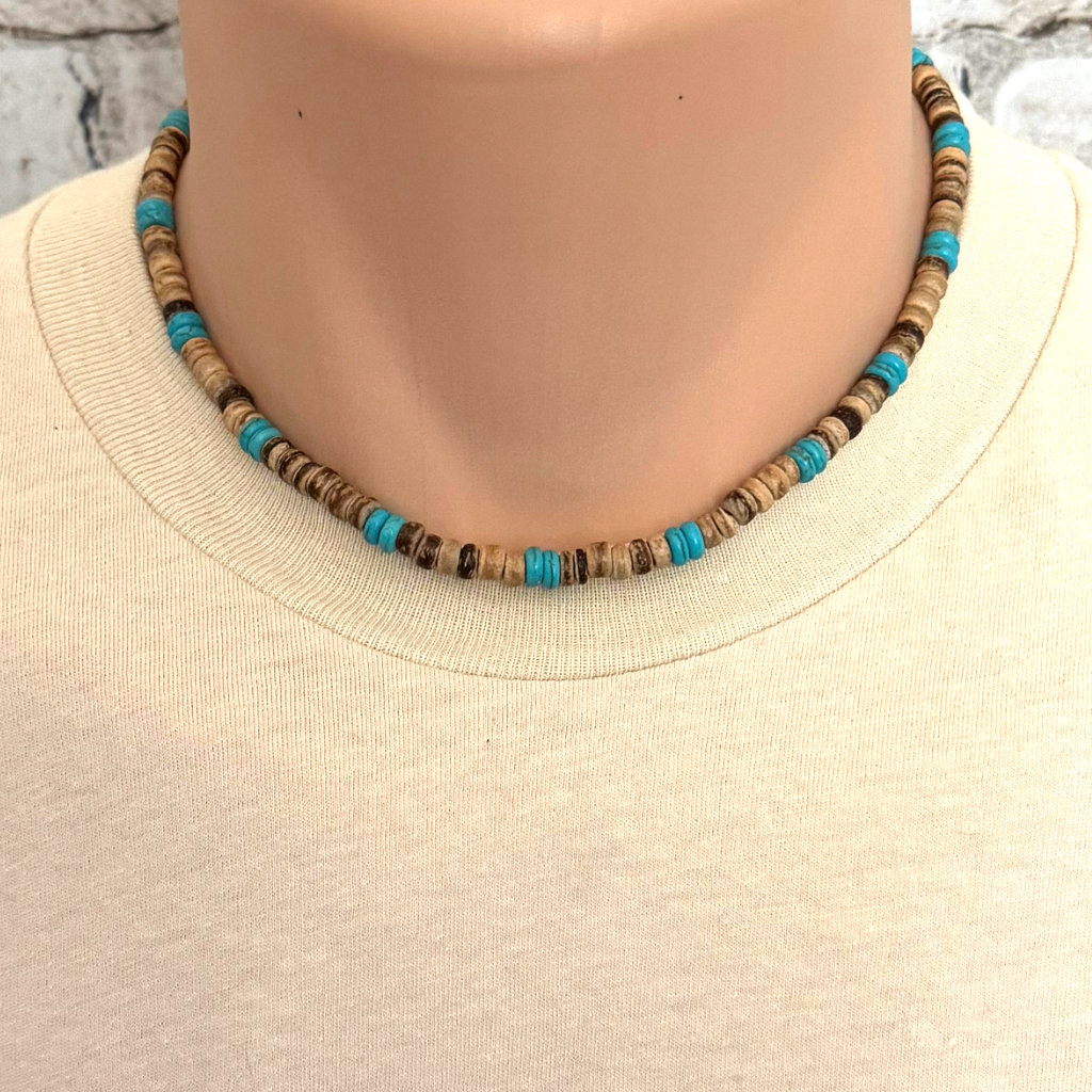 Mens Brown Coconut Shell and Magnesite Heishi Beaded Necklace