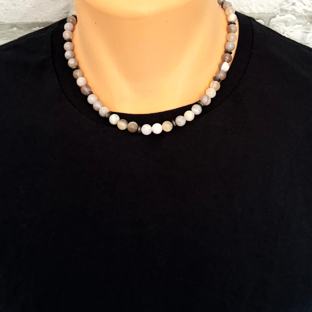 Mens Gray Agate and Gunmetal Hematite Beaded Necklace